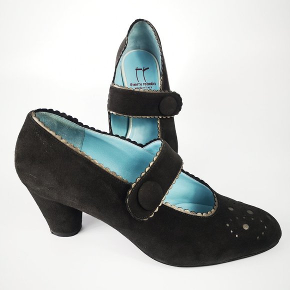 Thierry Rabotin Size 38 /US 7.5 Italian Black Suede Ryder Mary Jane Heels - Picture 5 of 8